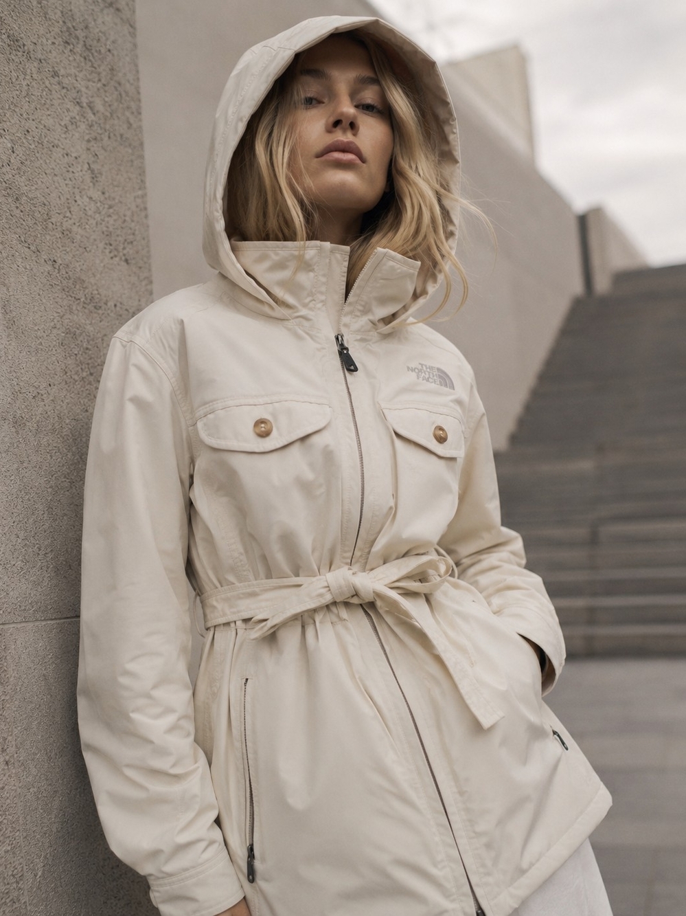 🤍 The North Face HyVent Cream Belted Hooded Jacket – Women’s S/P